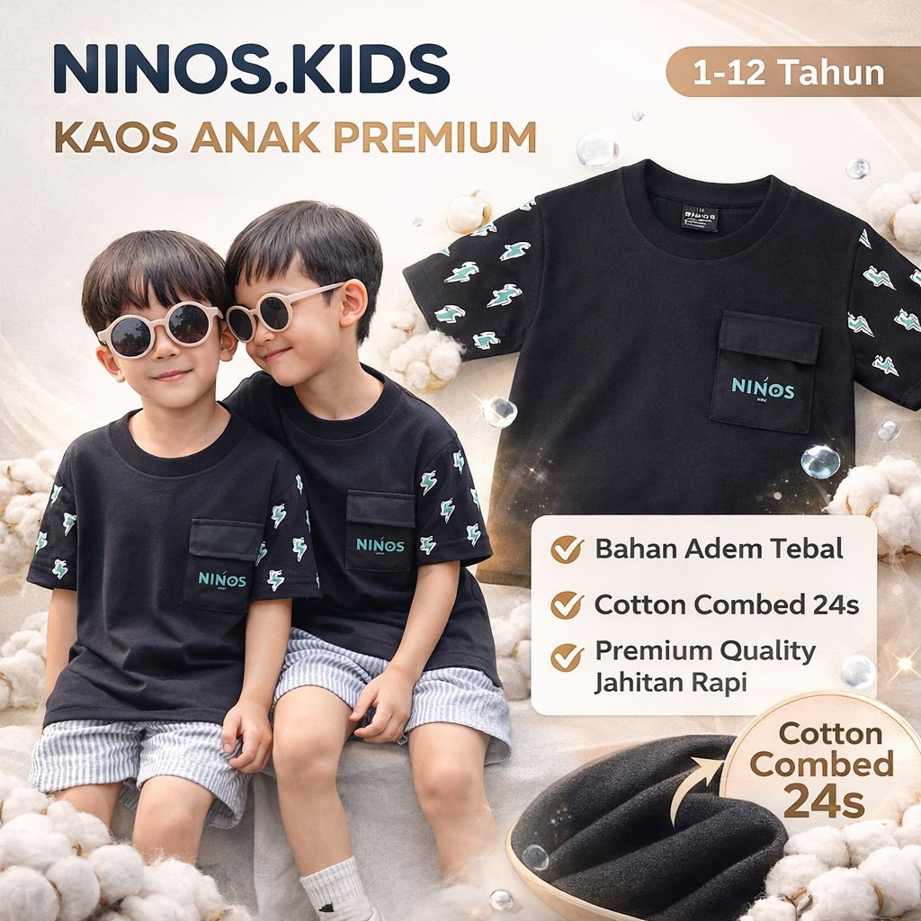 Kaos Anak Premium NINOS.KIDS Bahan Katun Combed 24s Motif Petir