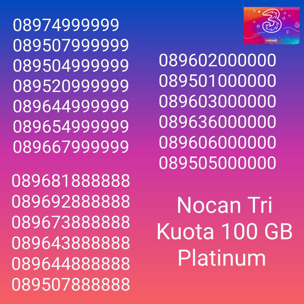 Nomor Cantik Nocan Heksa 9 Kartu Perdana Tri Three 4G LTE Kuota 100GB Prabayar Platinum