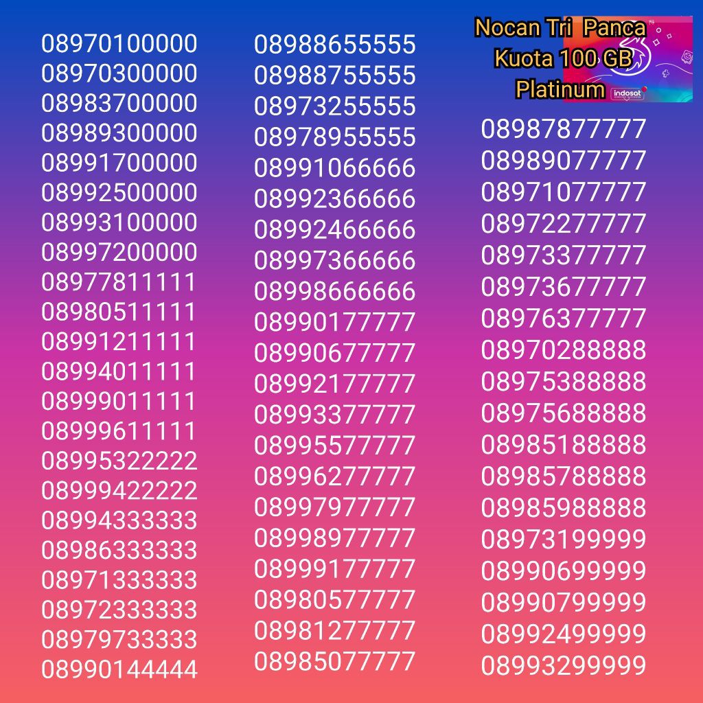 Nomor Cantik Nocan Panca 11 Digit Kartu Perdana Tri Three 4G LTE Kuota 100GB Prabayar Platinum