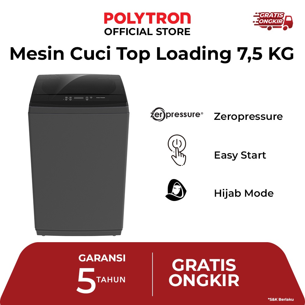 POLYTRON MESIN CUCI BUKAAN ATAS OTOMATIS PAW 75518 (7,5 KG) MESIN CUCI POLYTRON 7,5 KG OTOMATIS