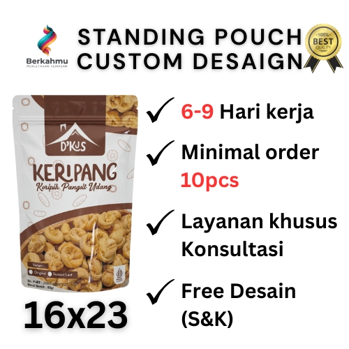 Custom Cetak Kemasan Standing Pouch Makanan Ukuran 16x23 Ziplock/Klip Full Printing, Min order 10pcs