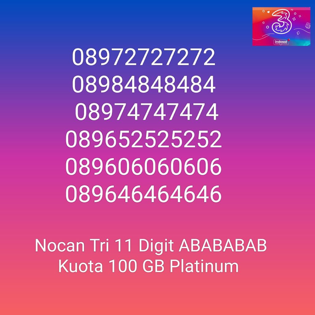 Nomor Cantik Nocan ABABABAB Kartu Perdana Tri Three 4G LTE Kuota 100GB Prabayar Platinum