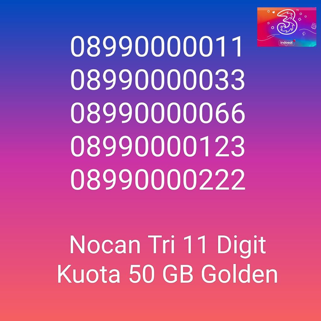 Nomor Cantik Nocan 11 Digit Panca 0 Tengah Kartu Perdana Tri Three 4G LTE Kuota 50GB Prabayar Golden