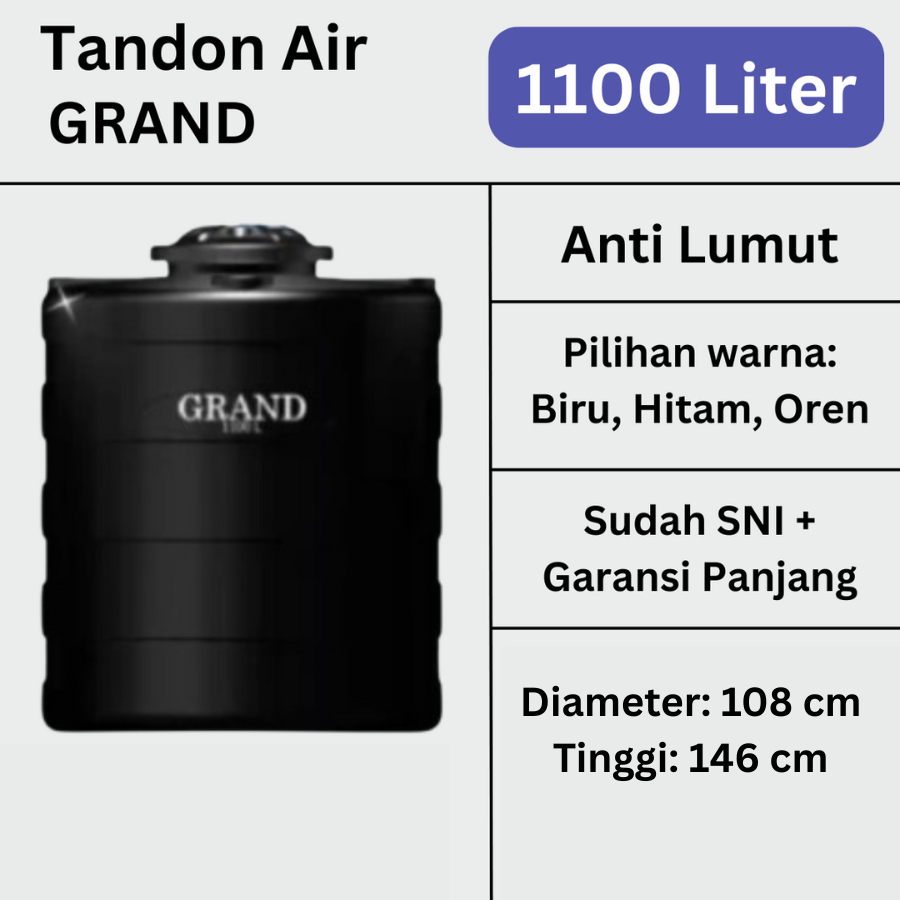 Tandon Tangki Toren Air Grand 1000 Liter 1100 Liter Anti Lumut Kuat Dinding Tebal Berkualitas Tahan 