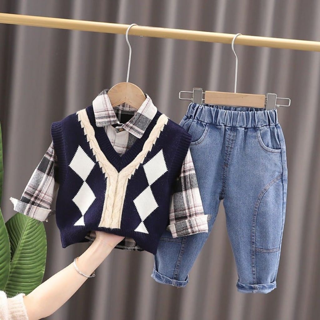 Setelan set anak laki-laki vest rompi rajut kemeja kotan celana cotton panjang