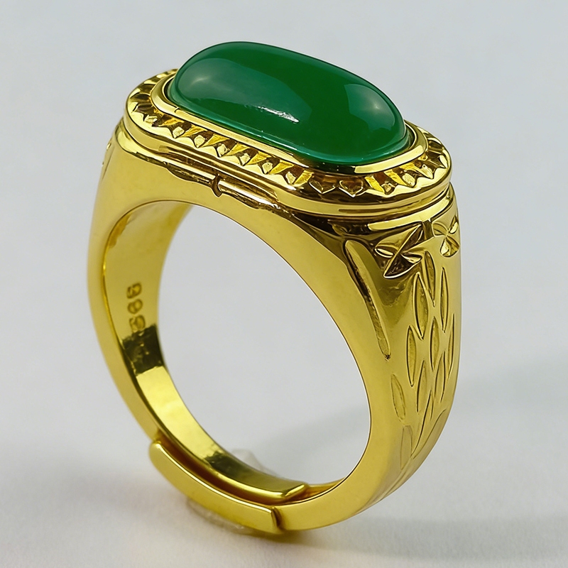 Fashion tinggi imitasi pasir emas mosaik pria cincin panjang permata hegemoni hijau emas pria cincin