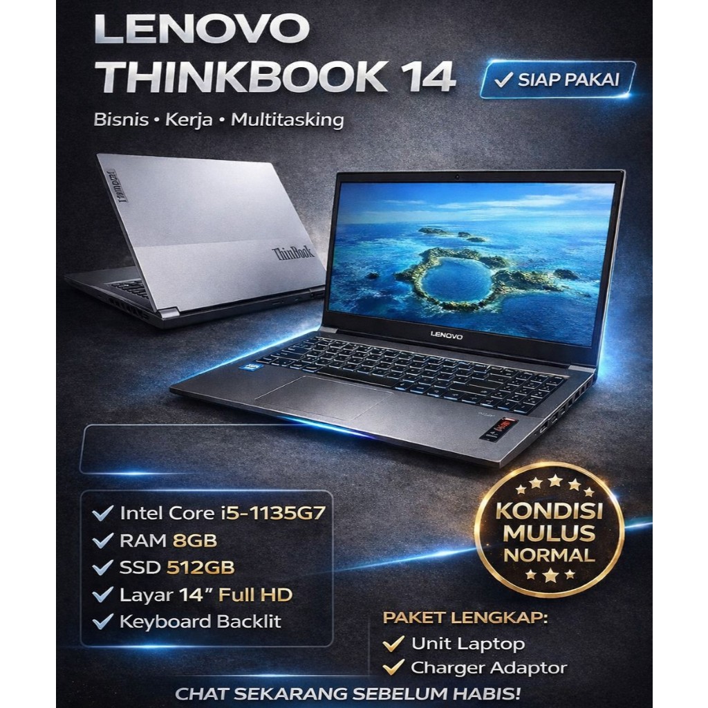 Laptop Lenovo LENOVO Thinkbook 14 ITE Core i5 1135G7 Ram 8GB Ssd 512Gb Normal Siap Pakai - Leptop La