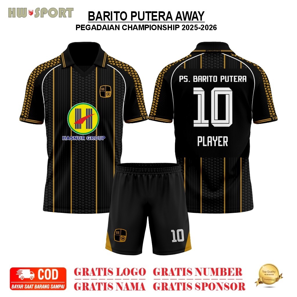 Jersey  BARITO PUTERA AWAY HITAM Pegadaian Championship Terbaru 2025-2026 Full Printing Premium GRAT