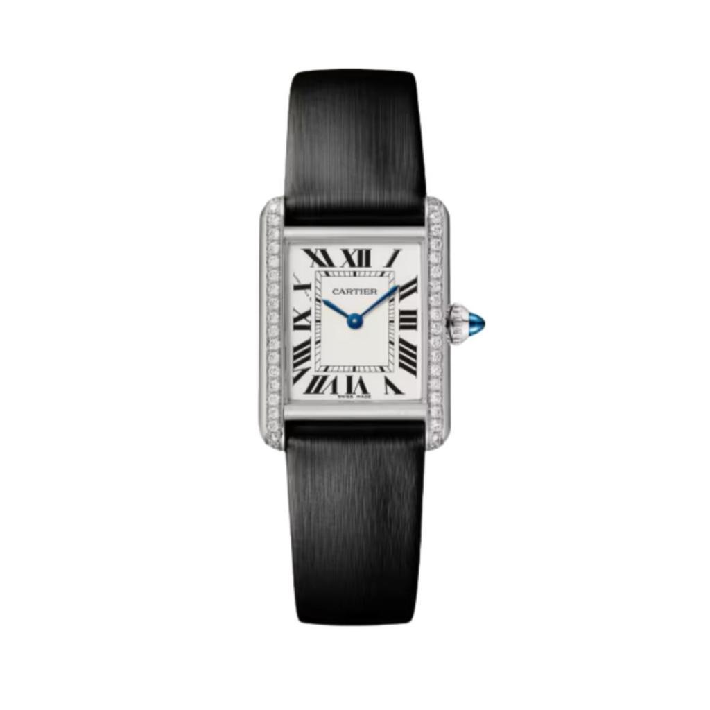 Cartier Tank Must De Cartier Watch Steel Diamonds Black Brushed Calfskin Leather Authentic