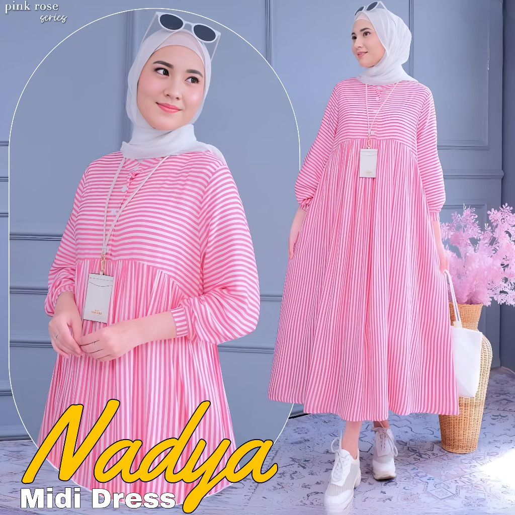 Nadya Dress Salur Katun Viscose | Fashion Muslim Kekinian | Elegant Midi Dress Motif Salur Terbaru