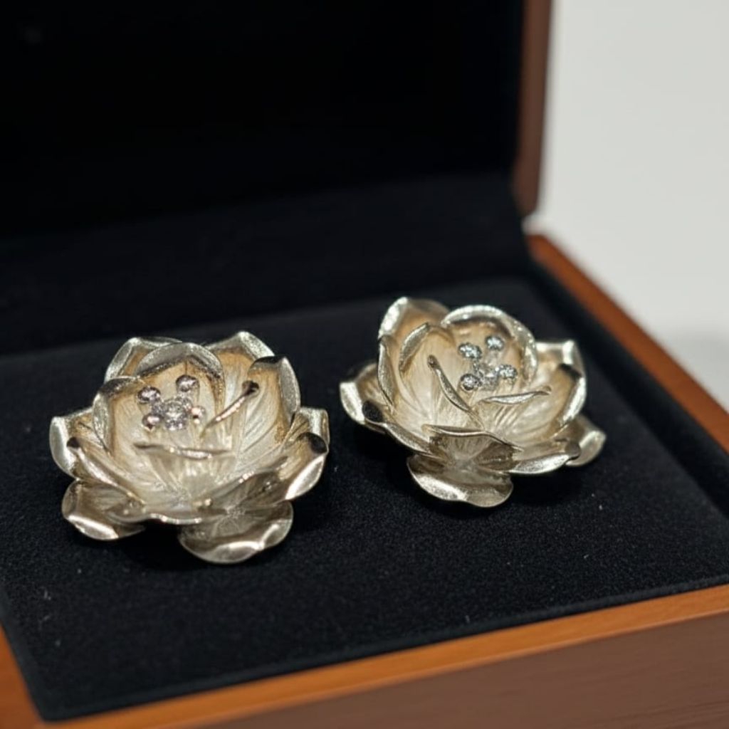 Giwang Double Bunga | Perhiasan Giwang Perak Bunga Double Depan Belakang