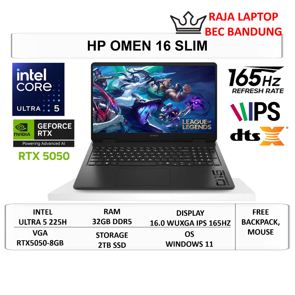 HP Omen Slim Gaming Laptop 16 RTX5050 8GB Intel Ultra 5 225H 32GB DDR5 2TB SSD 16" WUXGA IPS W11
