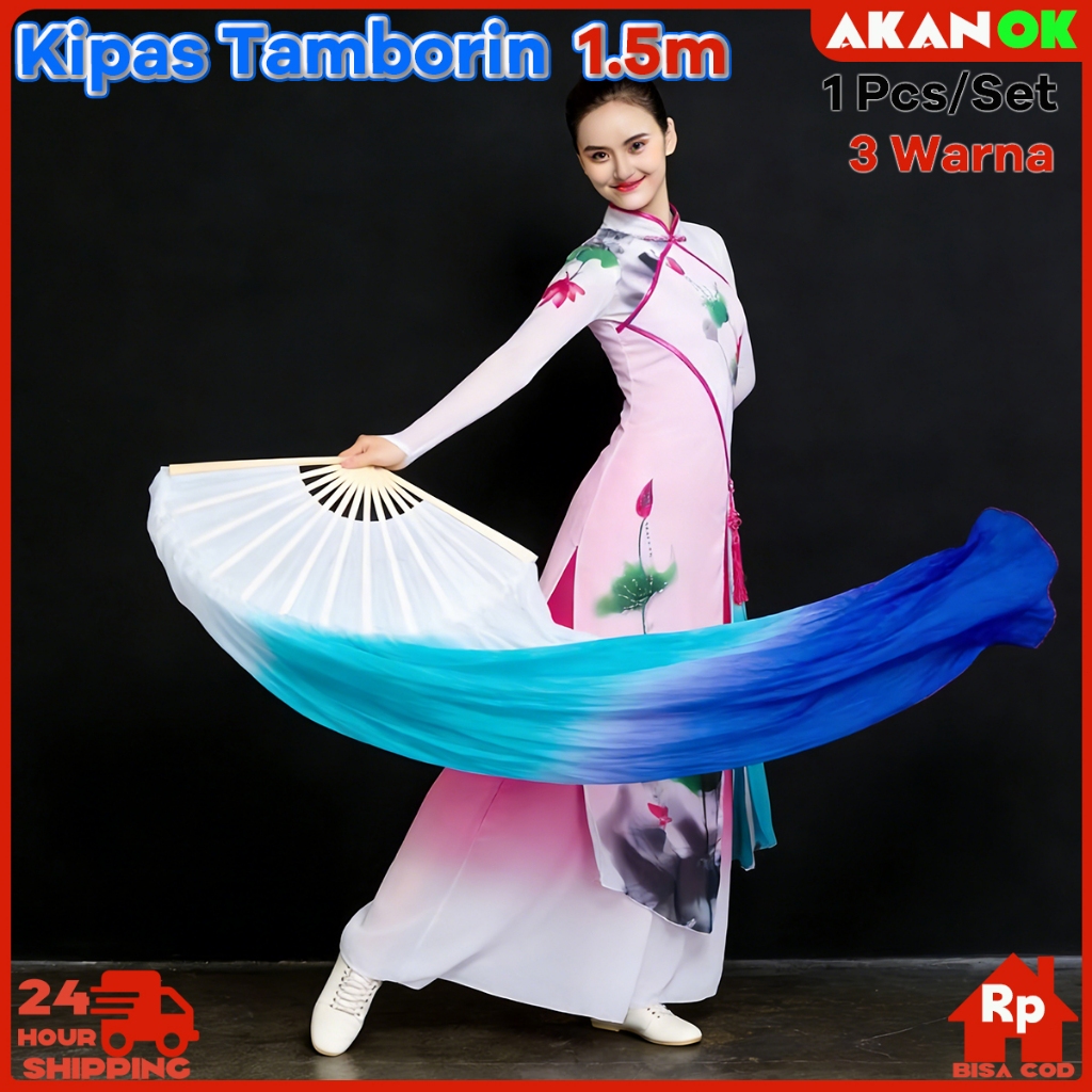 Kipas Tamborin - Kipas Tangan Bambu Sutra & Alat Tari Panjang 1.5m, Bahan Bambu Berkualitas dengan P