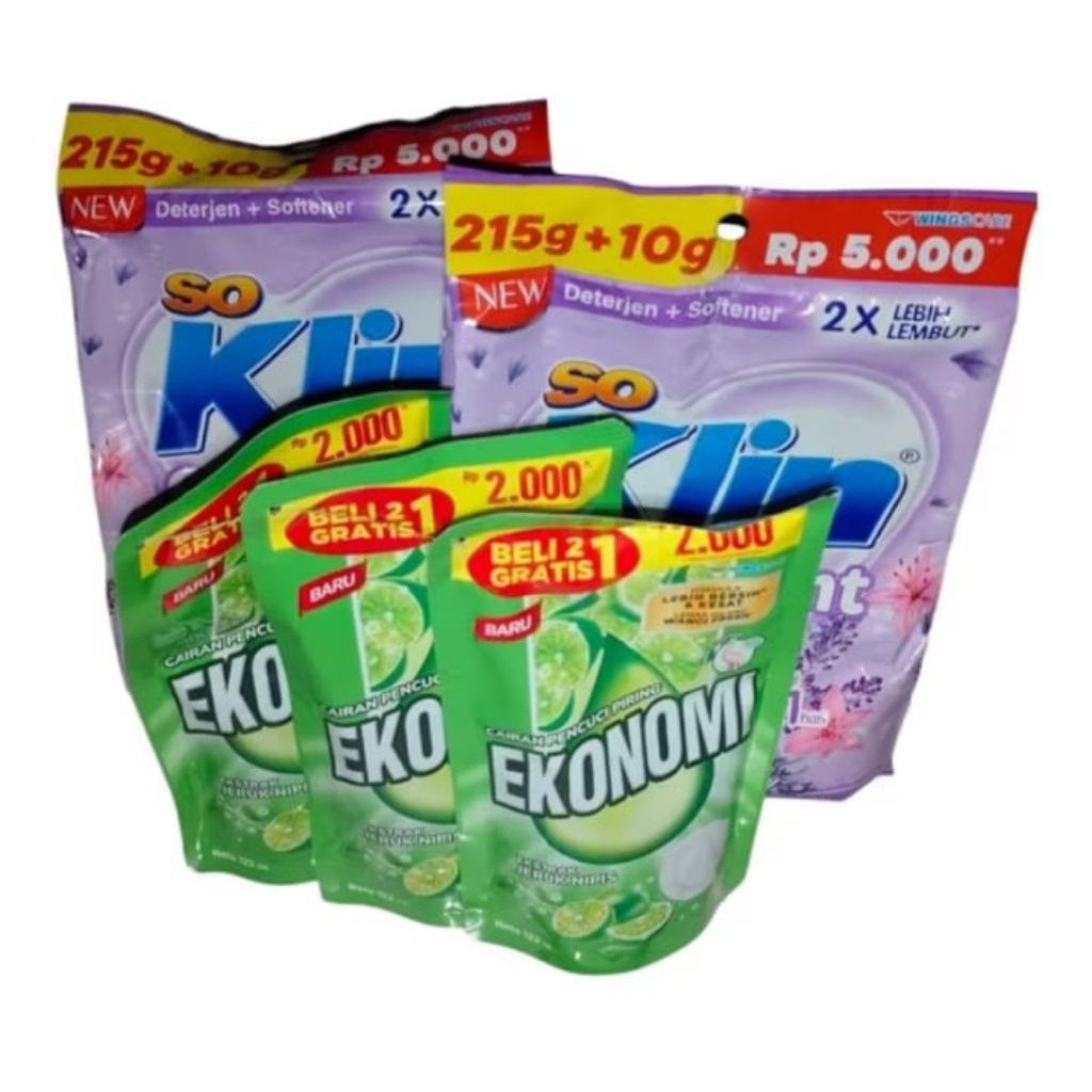 PROMO paket cuci 2 deterjen so Klin 5000an+3 pcs ekonomi sabun cuci piring cair