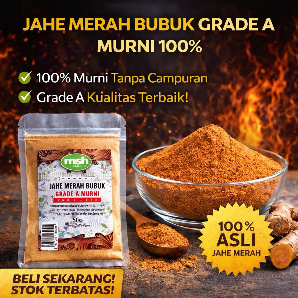 MSH Jahe Merah Bubuk Premium Grade A 50 g , Jahe Merah Bubuk Asli Tanpa Gula , Jahe Merah Bubuk Peda