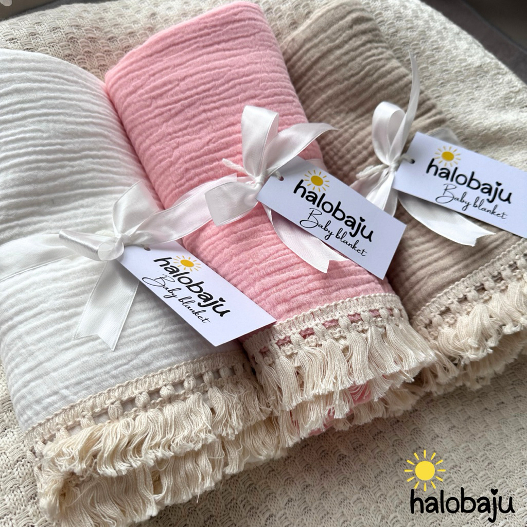 Halobaju Fringe Muslin Blanket - Selimut Muslin Bayi - Swaddle Muslin