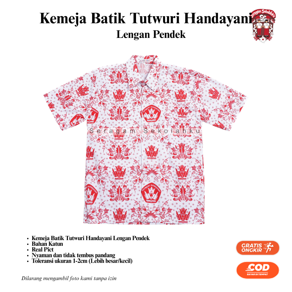 Baju Kemeja Batik Tut Wuri Handayani Merah Seragam Sekolah SD Lengan PENDEK