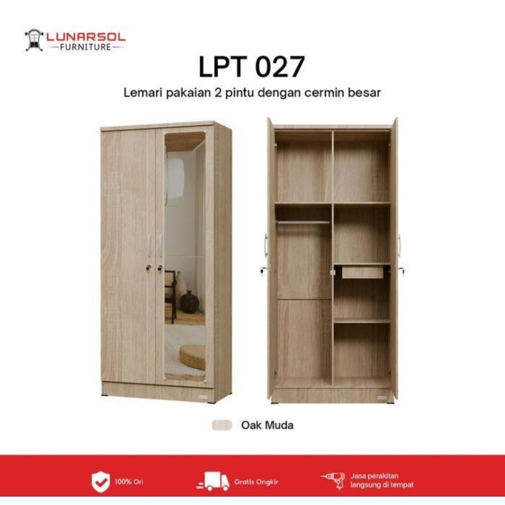 lemari baju 2 pintu LPT 027 LUNARSOL lemari pakaian 2 pintu kaca cermin lemari baju 2 pintu minimali