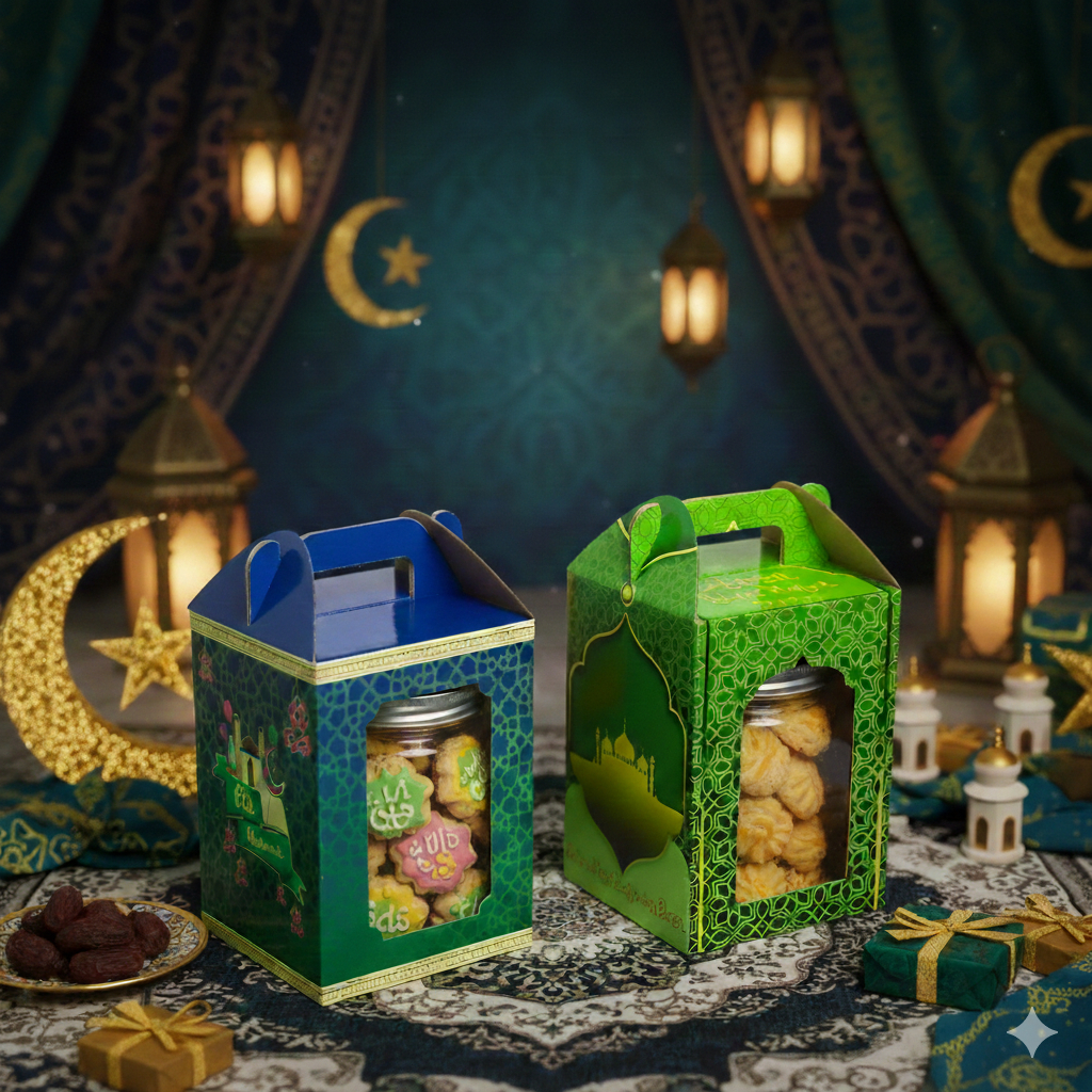 Kardus Box Kue Kering Edisi Lebaran | Box Kue Kering Mika Jinjing isi 3 toples 500 gr uk 14,6 x 14,6