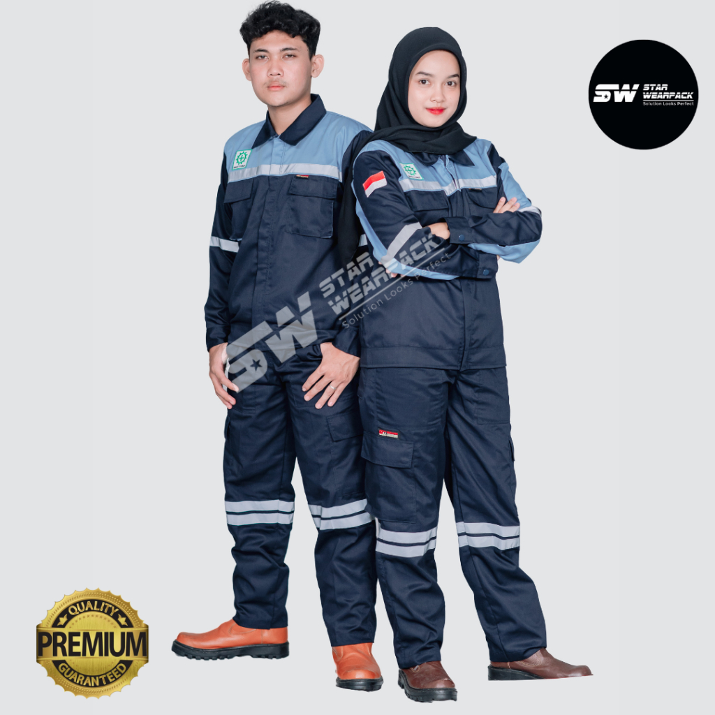 Wearpack Setelan Baju & Celana Seragam Kerja Proyek Lapangan Dongker Kombinasi Tosca