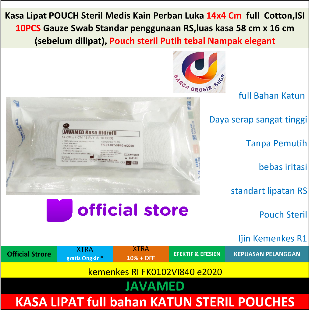 Kasa Lipat POUCH Steril Medis Kain Perban Luka 14x4 Cm  full  Cotton,ISI 10PCS Gauze Swab Standar pe