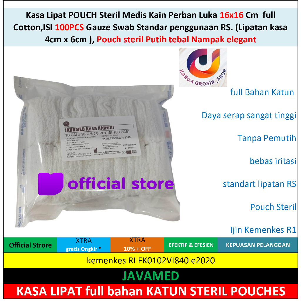 Kasa Lipat POUCH Steril Medis Kain Perban Luka 16x16 Cm  full  Cotton,ISI 100PCS Gauze Swab Standar 