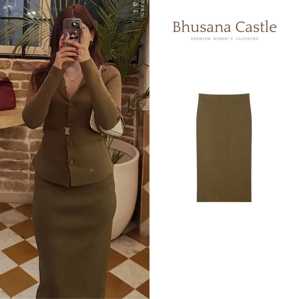 Bhusana Castle 79538 olive green autumn ribbed slim midi skirt / rok midi wanita