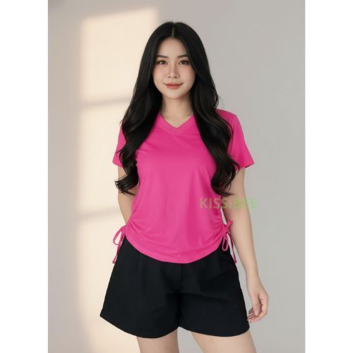 kiss.bee | Zoe Top Atasan Wanita Lengan Pendek Serut Samping Leher V-Neck Size JUMBO / Kaos Wanita V