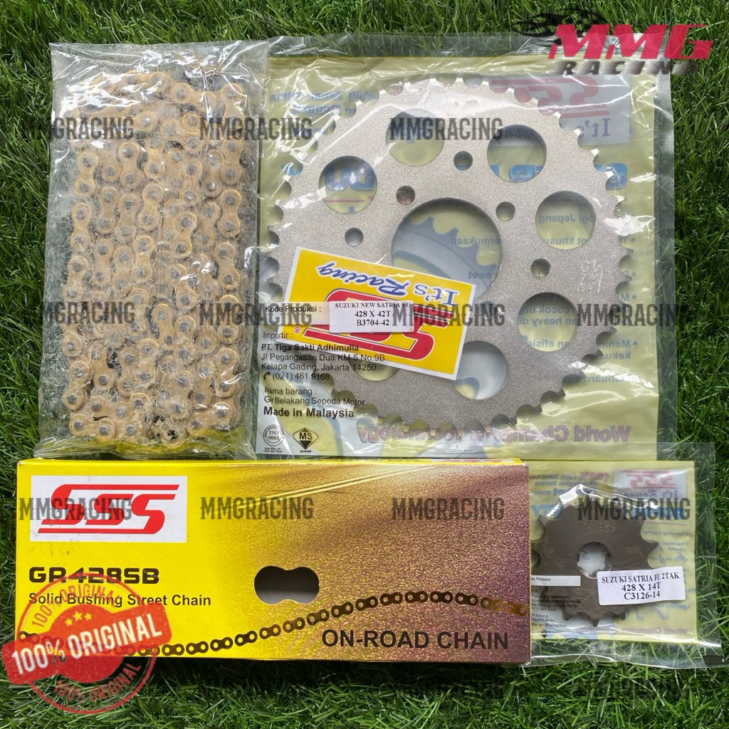 Original Gear SSS Set 428 + Rantai SSS 428 SB untuk motor Satria Lumba 2 Tak, Satria Hiu 2 Tak