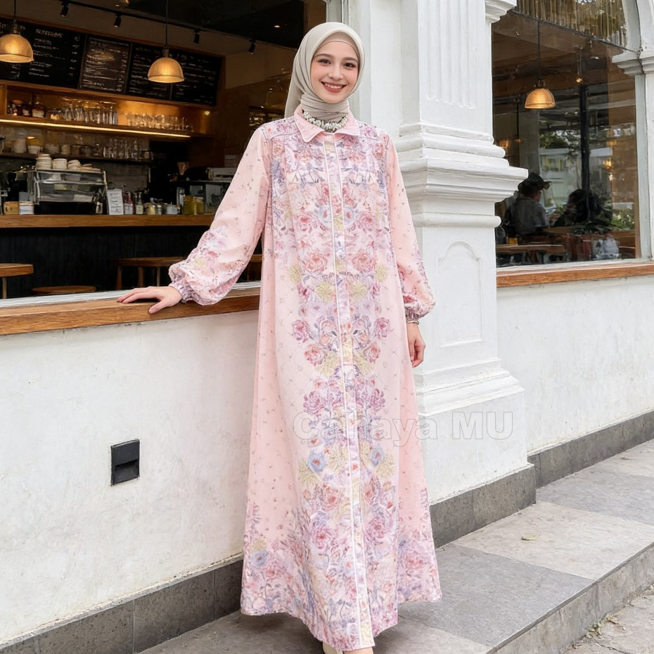 Gamis Wanita Crinkle Motif Bunga Premium Terbaru/Dress Muslim Korea Bahan Silk