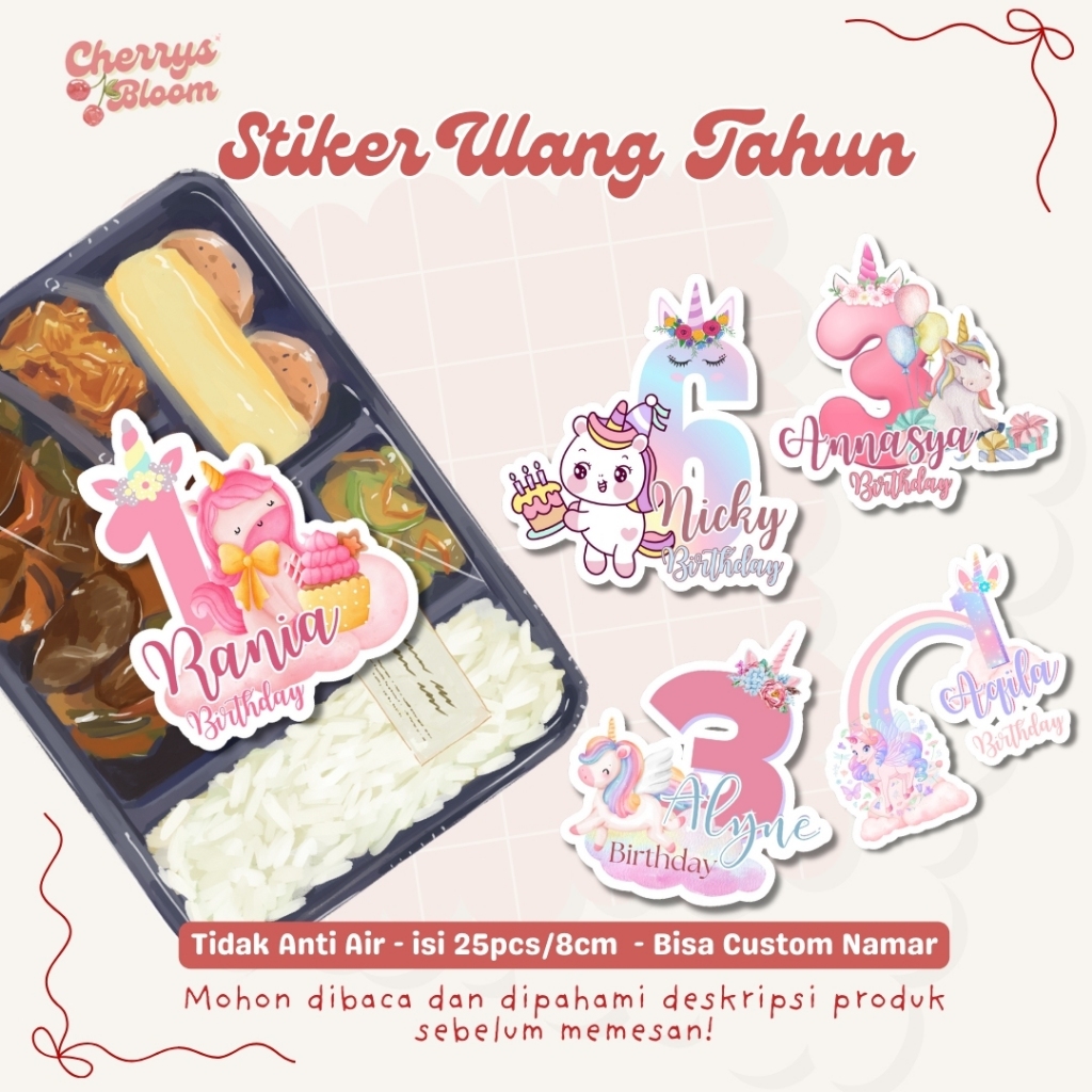 Stiker Ulang Tahun Anak Label Custom Sticker Bento Birthday Sticker Anak souvenir unicorn