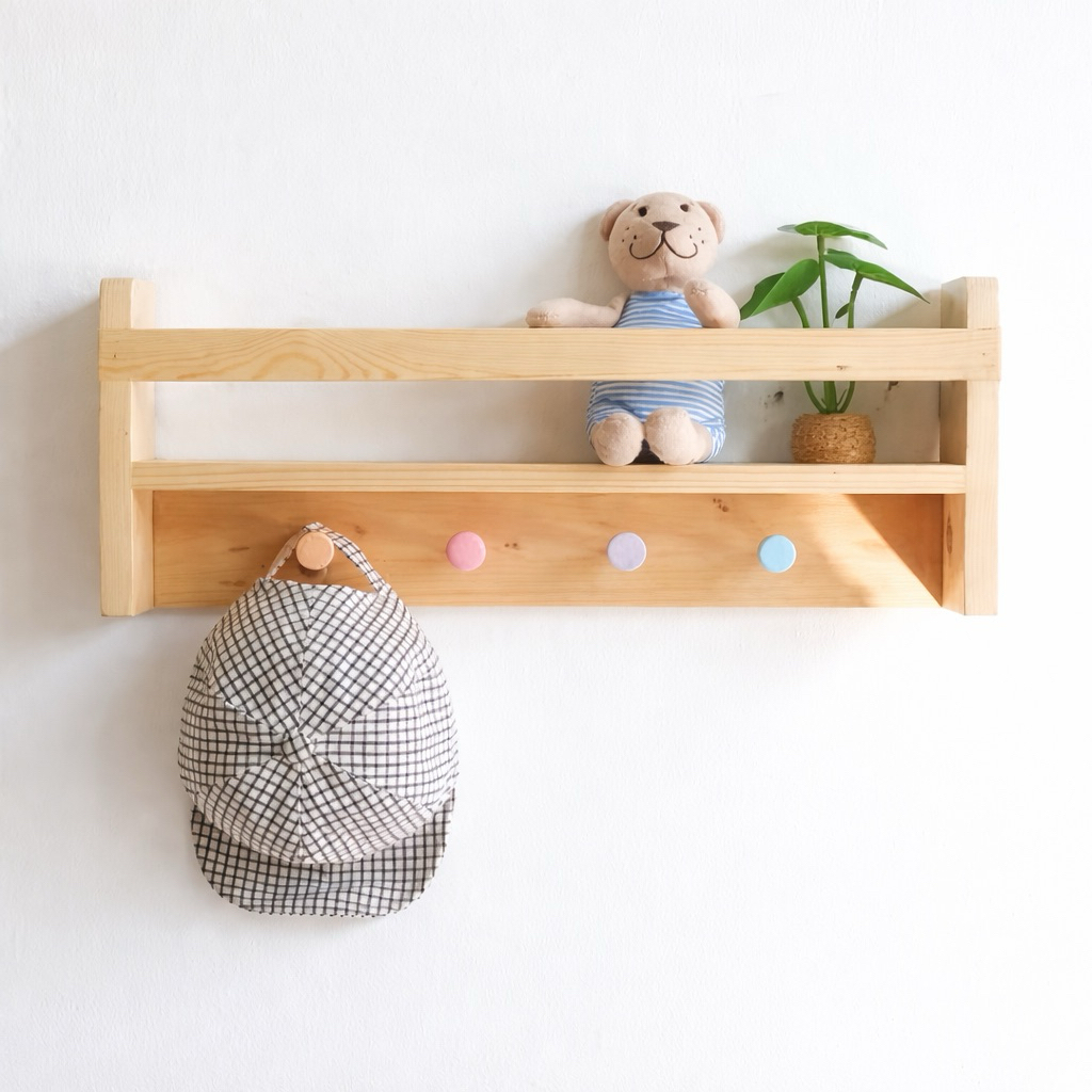 RAK DINDING KAYU MINIMALIS ESTETIK ANAK | RAK GANTUNG KAYU SERBAGUNA + GANTUNGAN | RAK DEKORASI KAMA