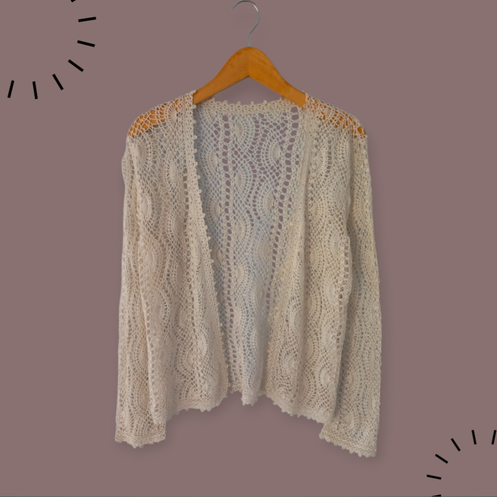 Outer Cardigan Putih Bw Rajut Jaring Jaring Lengan Panjang Wanita