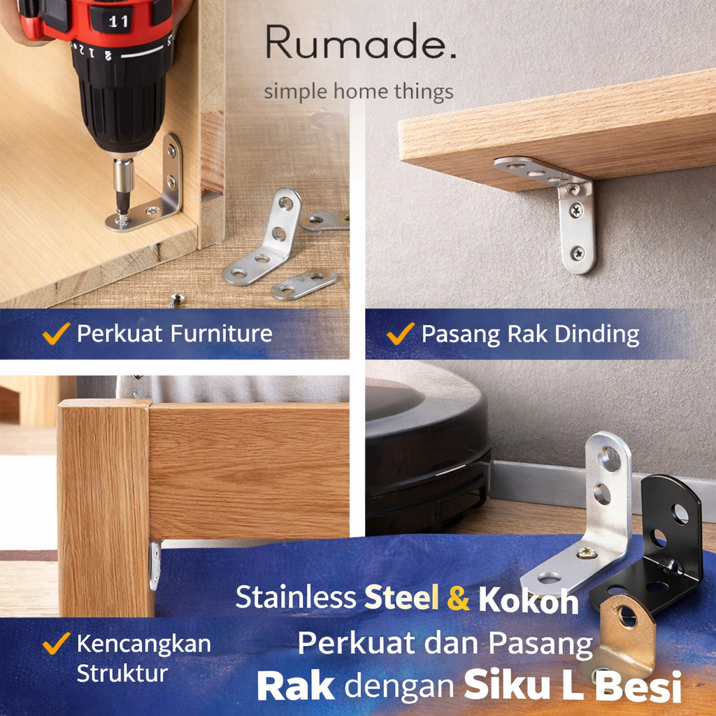 (RUMADE) Siku Rak Plat Siku L Besi Stainless Bracket Siku Penyangga Rak Dinding Siku L Penahan Ambal