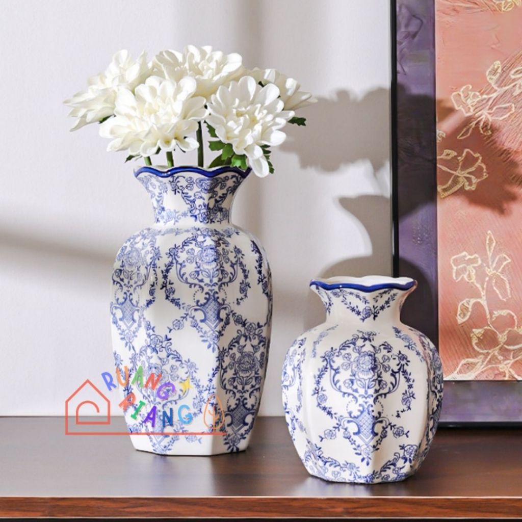 Vas Bunga Blue Flower | Vas Bunga Estetik Flower Vase Aesthetic Keramik Premium Guci premium Vas Bun