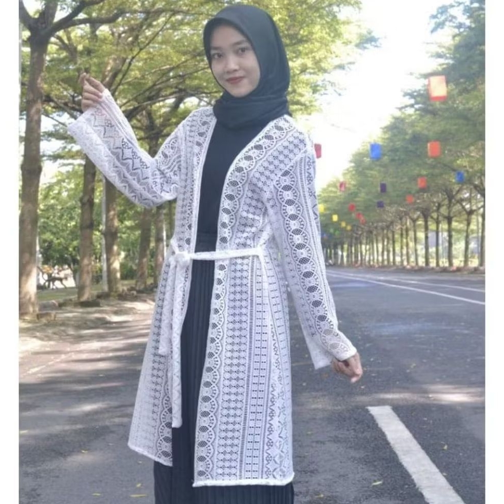 Outer Brukat Cardigan Panjang Tali pinggang