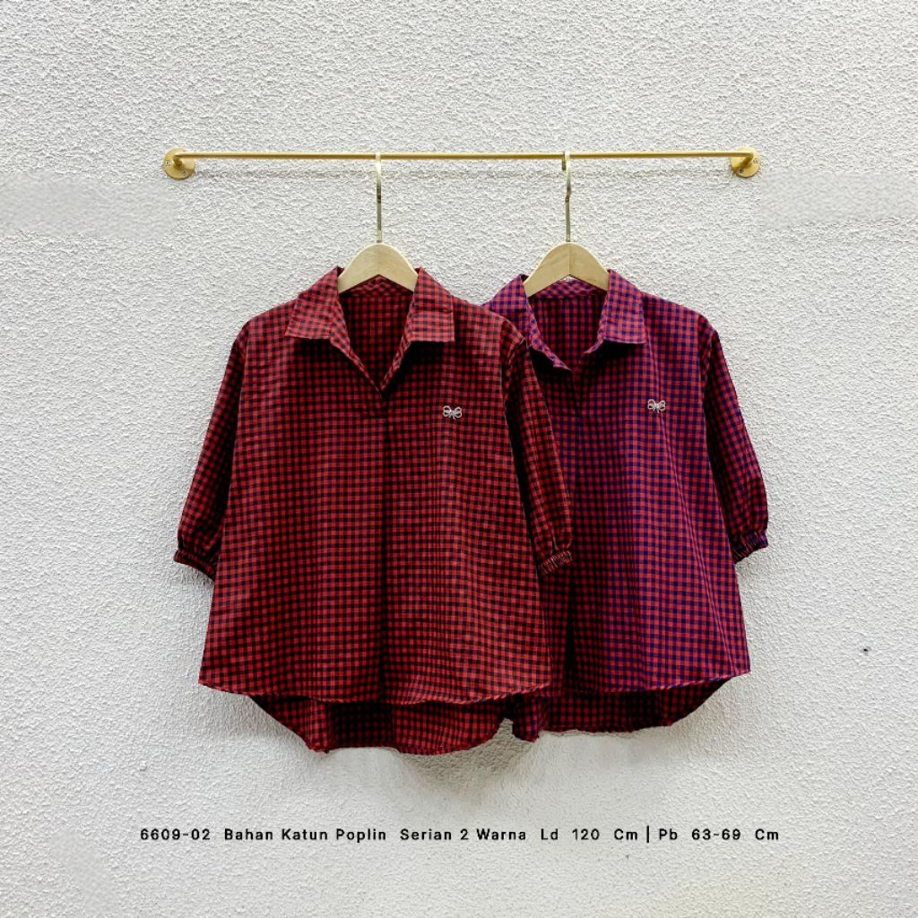 BLOUSE BIGSIZE KOTAK KOTAK KATUN POPLIN / BLOUSE OVERSIZE LENGAN 3/4 FASHION KOREA ld120cm