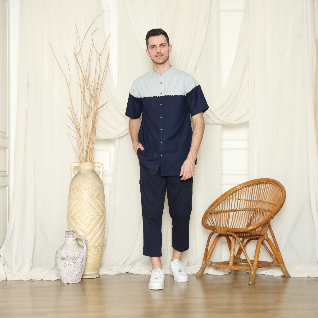 Baju Koko Fatih. Baju koko pria Lengan pendek Navy Sage