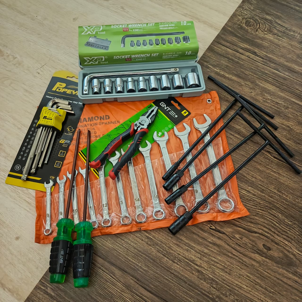 PROMO GNT  Paket Kunci Bengkel Motor Lengkap 1 Set / Kunci T/Kunci Shock/Pas Ring Set/Tang Kombinasi