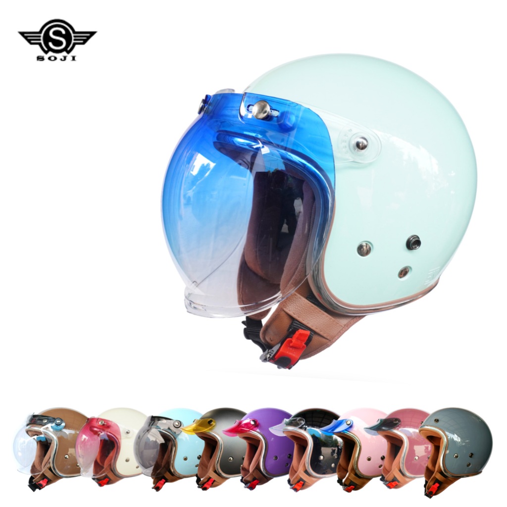 SOJI Raya Helm Retro Wanita Hijab Dewasa Warna SNI Original KACA BUBBLE GRADASI BIRU helem bogo Ori