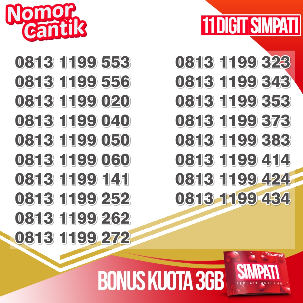 Nomor Cantik Telkomsel SIMPATI 11 Digit 3GB Kuota Nasional Batch 2