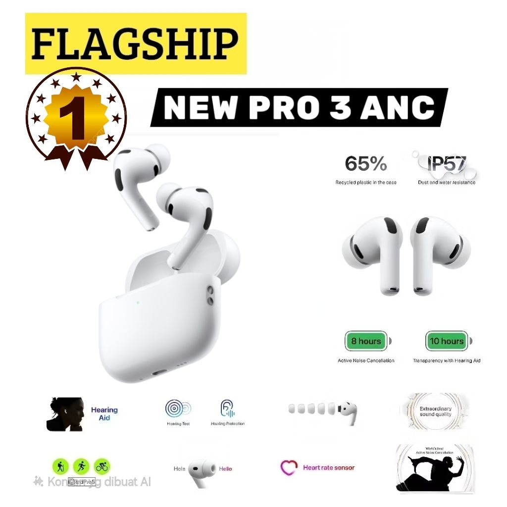 NEW TWS TERBAIK 2026 AIRPODS PRO 3 ANC & Heart Rate (Resmi terdaftar)