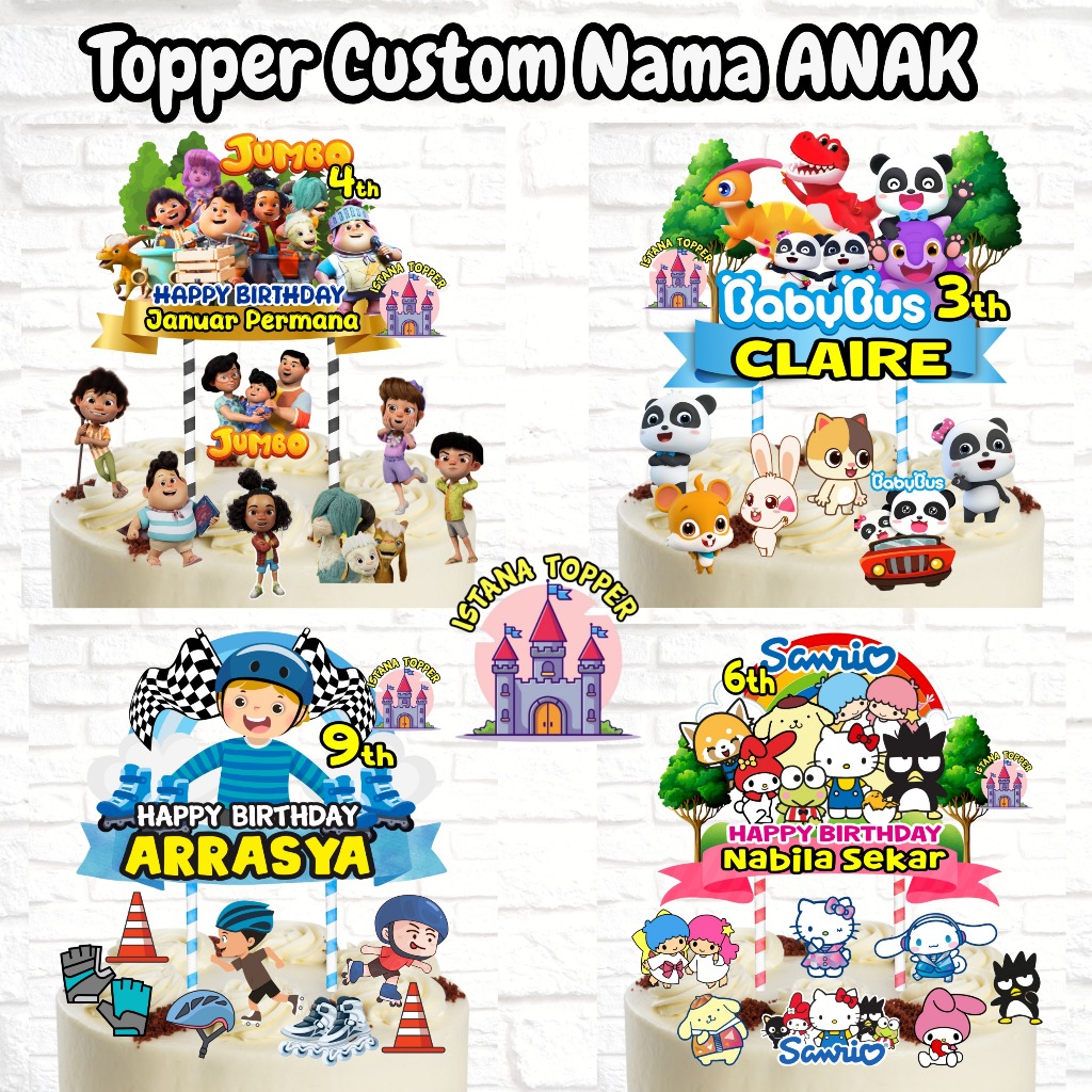 Topper Cake CUSTOM Tema Jumbo, Sanrio, BabyBus Dino, Sepatu Roda/ Topper Ultah