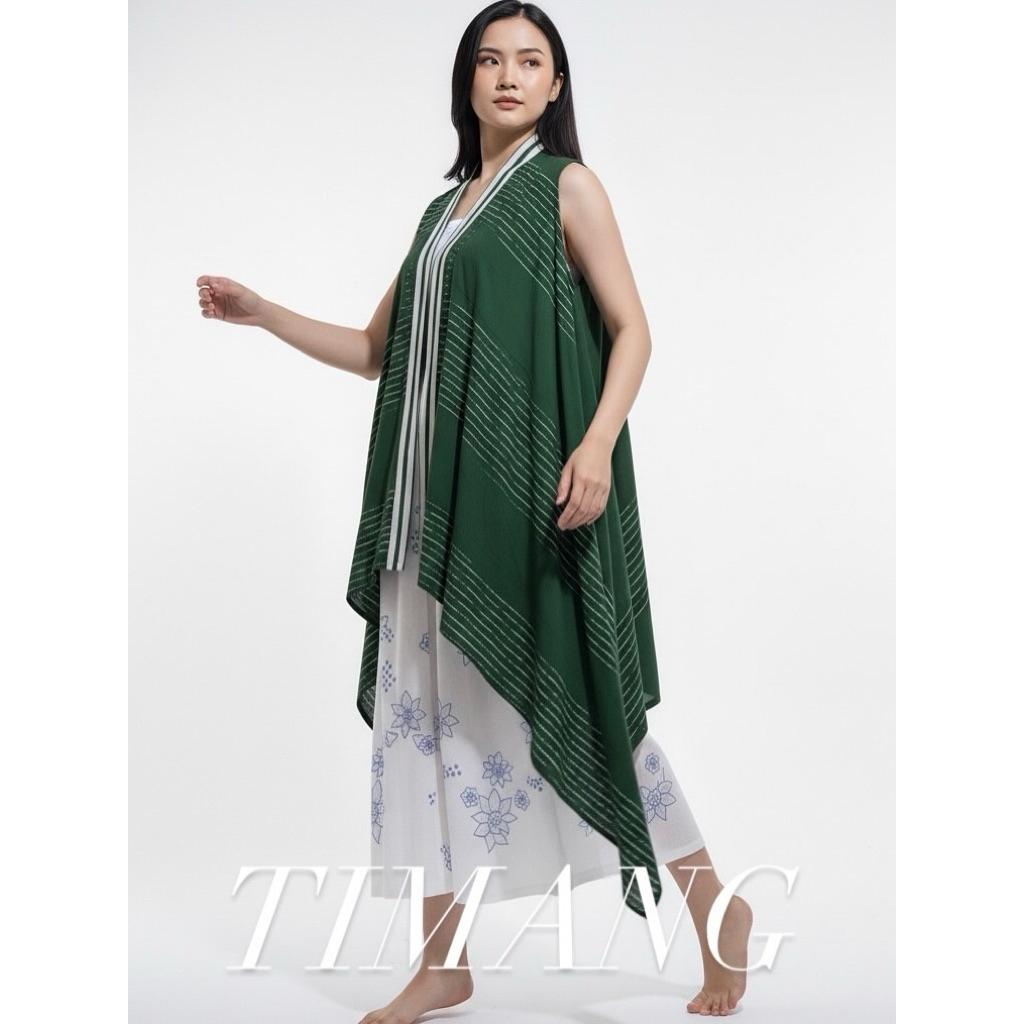 Timang Rompi Vest Outer Batik Panjang Tanpa Lengan Wanita Modern Allsize Ld 120cm Hijau Botol Bahan 