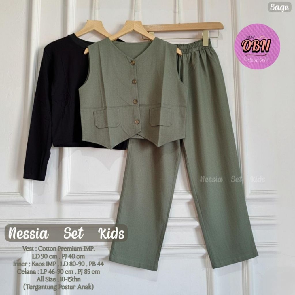 nessia set-  terre set 3in1 setelan celana  atasan rompi vest free inner anak perempuan usia 8-15th 