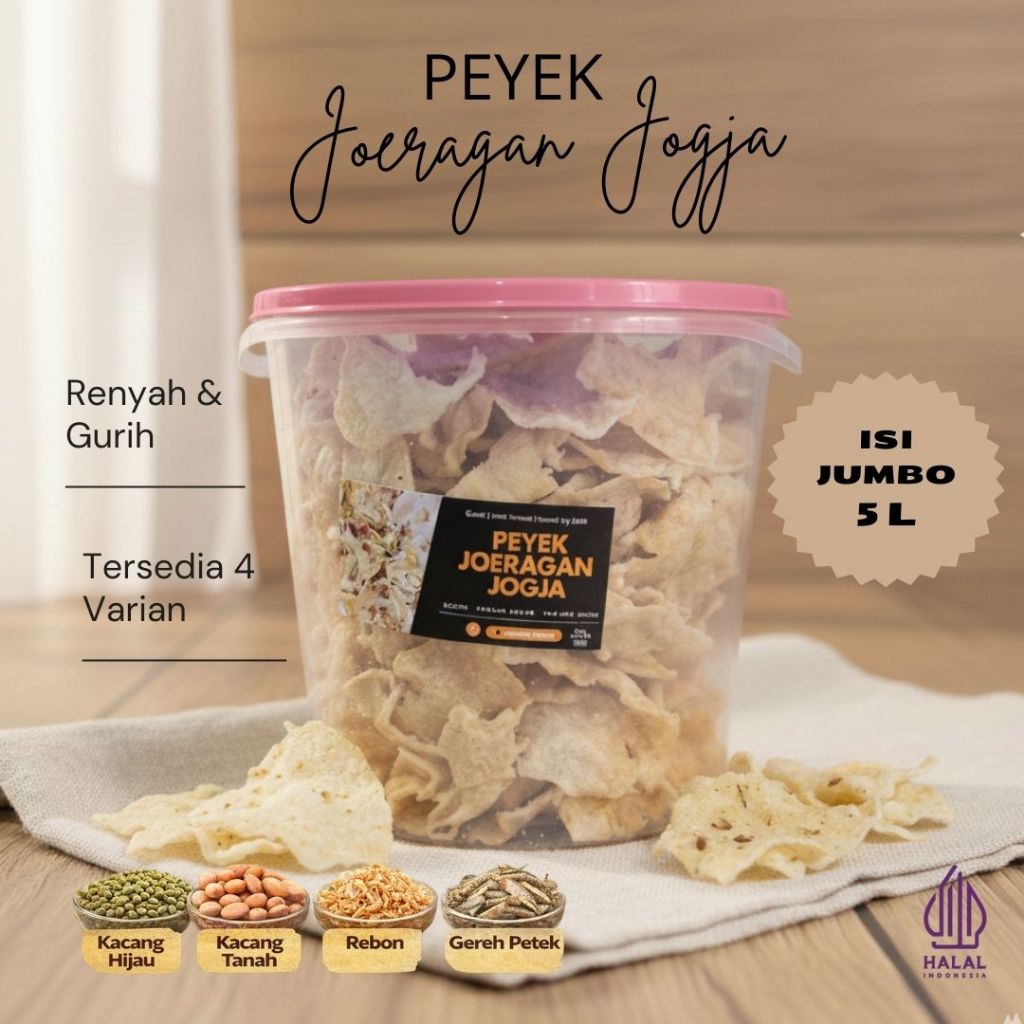 Peyek Jogja Renyah Gurih 5L Toples (500 g) – Peyek Kacang Tanah, Rebon, Kacang Hijau, Gereh Petek