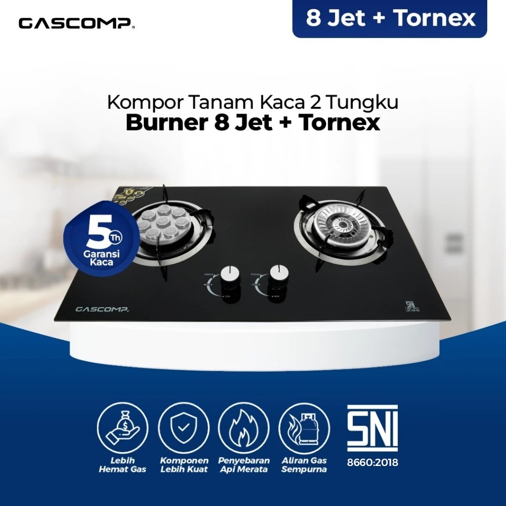 GASCOMP Kompor Tanam Kaca 8 JET + Tornex Kompor Gas 2 Tungku 8 JET + Tornex Spesial Kompor Tanam Bur