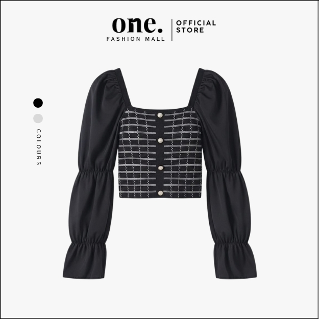 ONEFASHIONMALL SL019 Sabrina Knit Blouse Atasan Square Neck Knit Top Crop Longsleeve Lengan Panjang