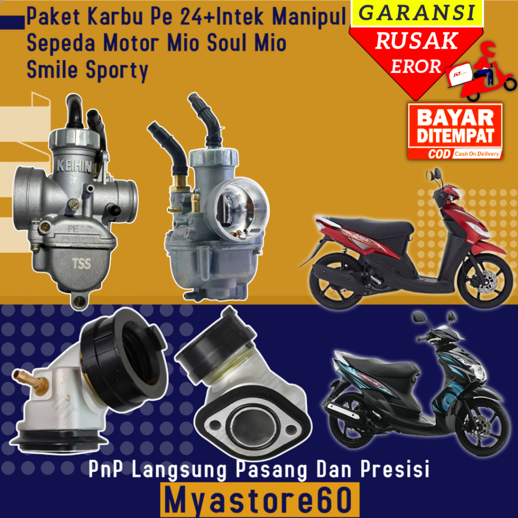 Paket Pnp Tinggal Pasang Karbu Karburator Pe 24+Intek Manipul Silver Pendek Sepeda Motor Mio Soul Mi