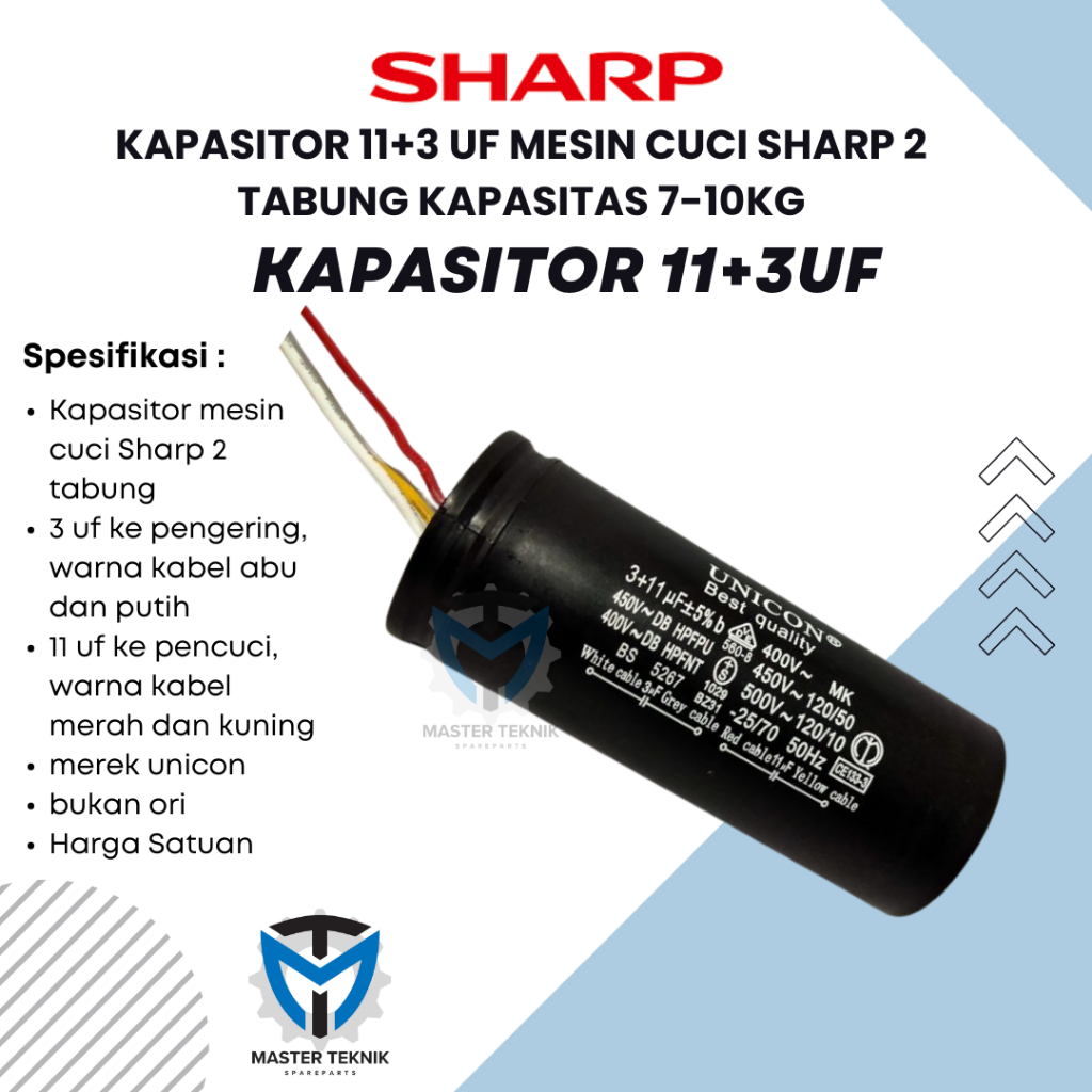 Kapasitor 11+3uf Mesin Cuci Sharp 2 Tabung 7-10Kg